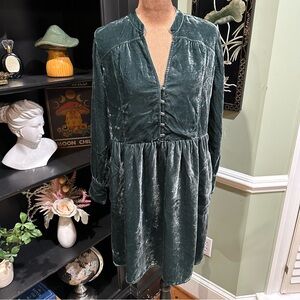 Anthropologie Holding Horses Green Crushed Velvet Babydoll Shirt Dress Size Smal
